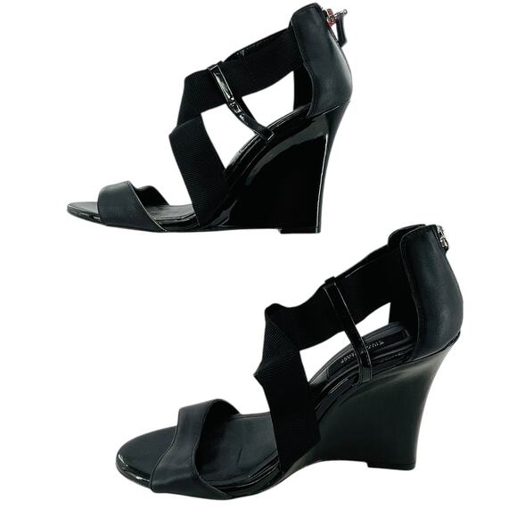 WHBM Black Leather Strappy Career Chic Zip Back Elastic Ankle Wedge Heel 9.5 - Picture 2 of 10